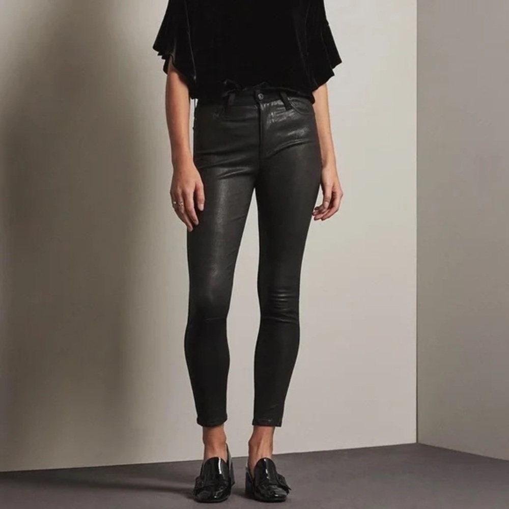 NWT AG Farrah Skinny Ankle High-Rise Faux Leather Front Denim Back Black Size:25